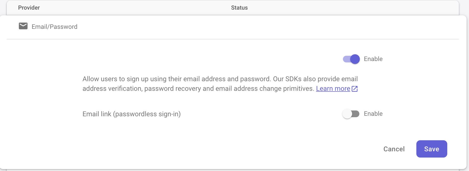 enable email and password